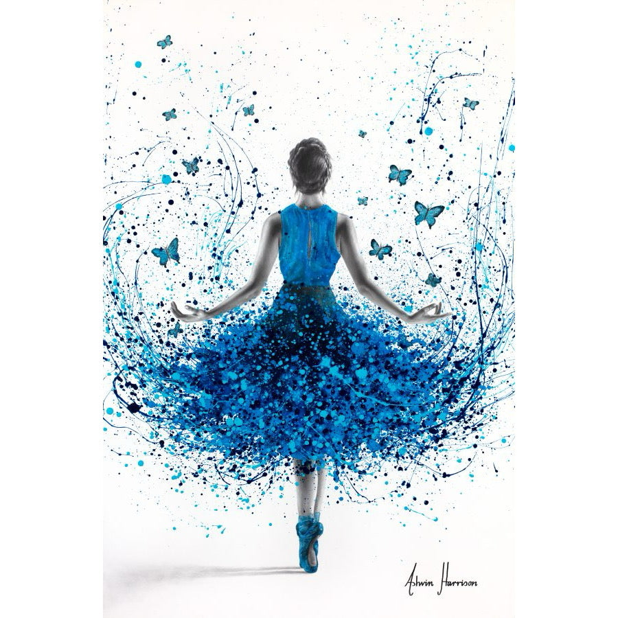 blue splatter acrylic expressionism realism ballerina in blue with butterflies on white canvas