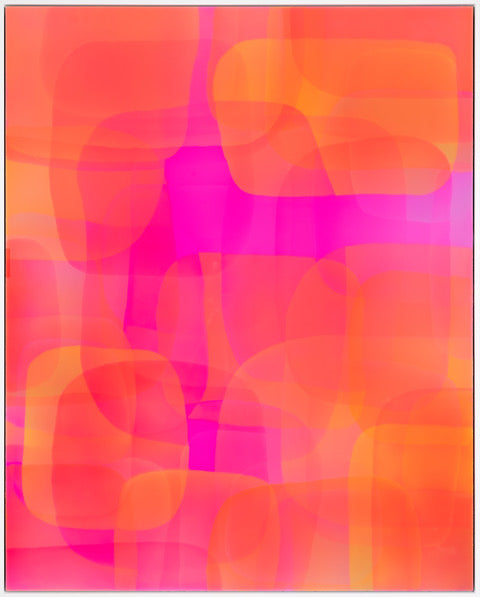 Geometric Abstract layering of transparent resin colors of red orange with pink in organic rectangular square shapes overlapping 