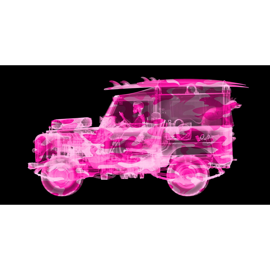 Framed Chromaluxe x-ray photograph by Nick Veasey of a landrover in hot pink camo, with a surf board and dog