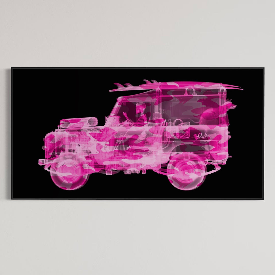 Framed Chromaluxe x-ray photograph by Nick Veasey of a landrover in hot pink camo, with a surf board and dog