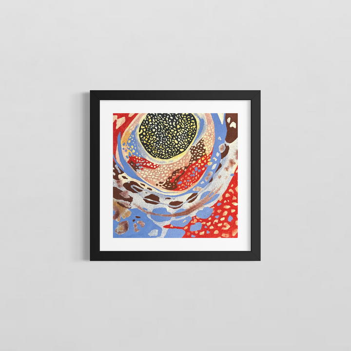 Camouflage by Erin Touey framed in a black frame with white window matting, showing the swirling black, cream, red, and blue abstract oil painting
