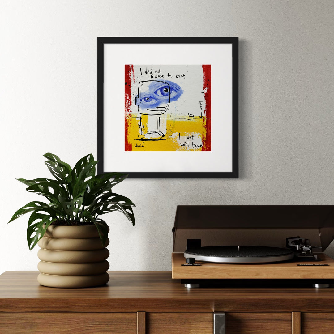 doodle figure with large photorealistic eyes walking on a yellow ground, with a doodle of a house in the background by jan-hein arens