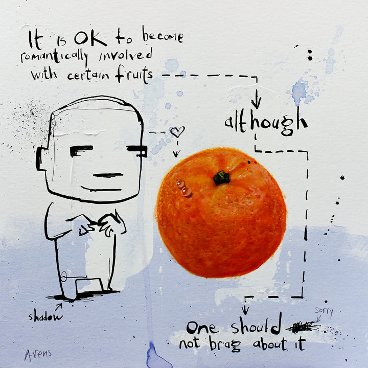 satirical comic doodle illustration of fun figure and realistic orange painting, ink text words and splattered blue ink
