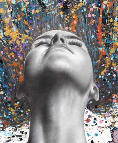 Figurative surrealism expressionism figure woman splatter hair in pastel colors opening book with butterflies on white background