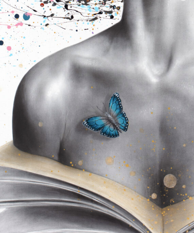 Figurative surrealism expressionism figure woman splatter hair in pastel colors opening book with butterflies on white background