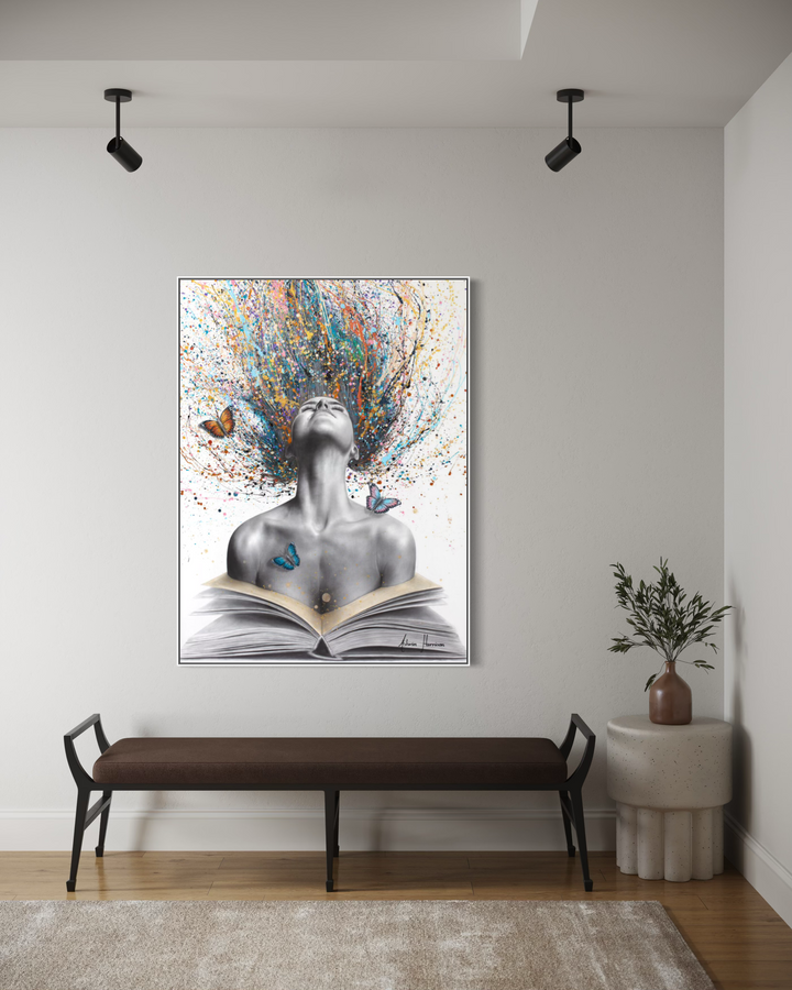 Figurative surrealism expressionism figure woman splatter hair in pastel colors opening book with butterflies on white background