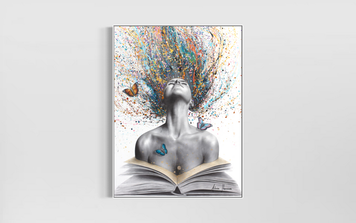 Figurative surrealism expressionism figure woman splatter hair in pastel colors opening book with butterflies on white background