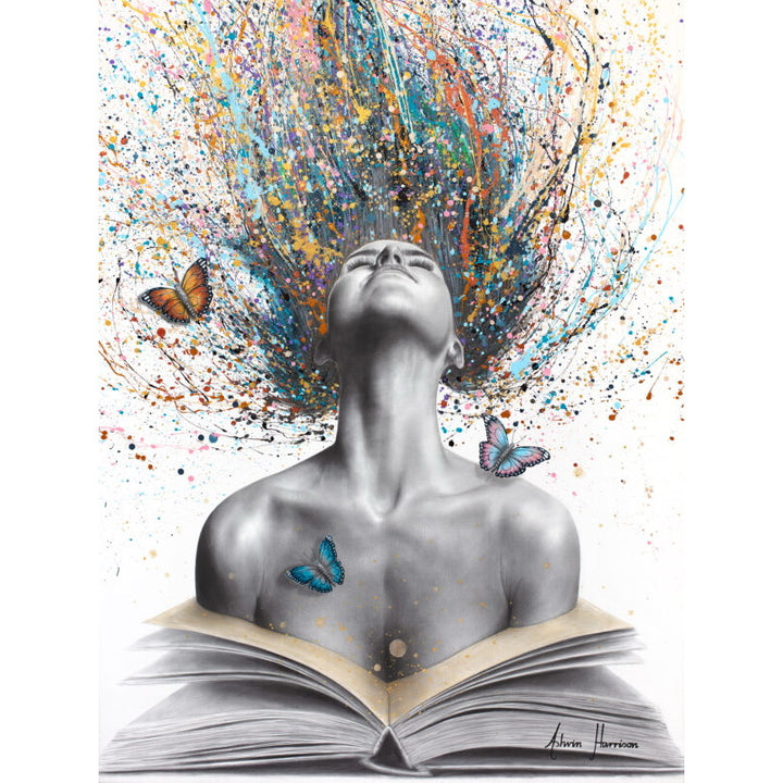 Figurative surrealism expressionism figure woman splatter hair in pastel colors opening book with butterflies on white background