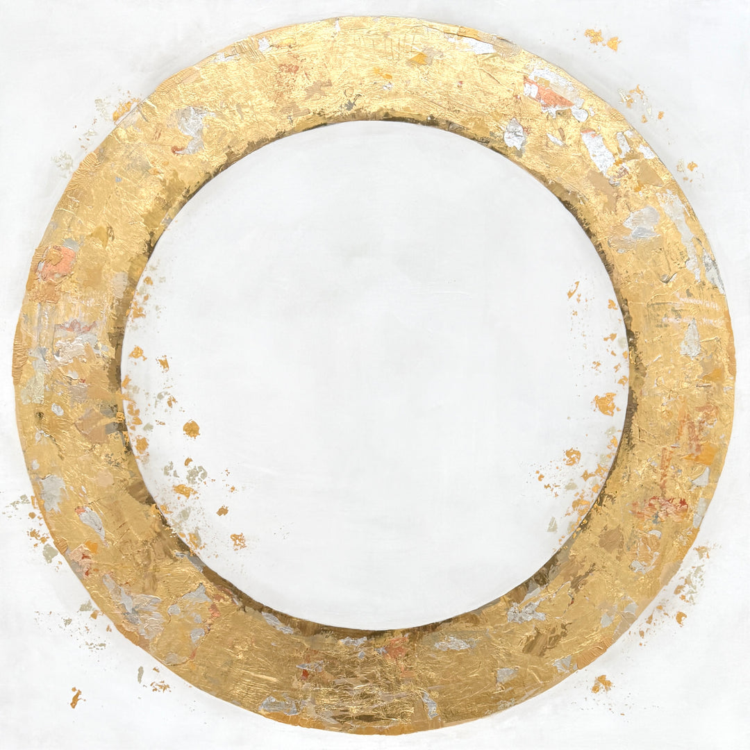 36X36 gold leaf circle on a slightly textured white background with gold and silver leaf dispersed throughout