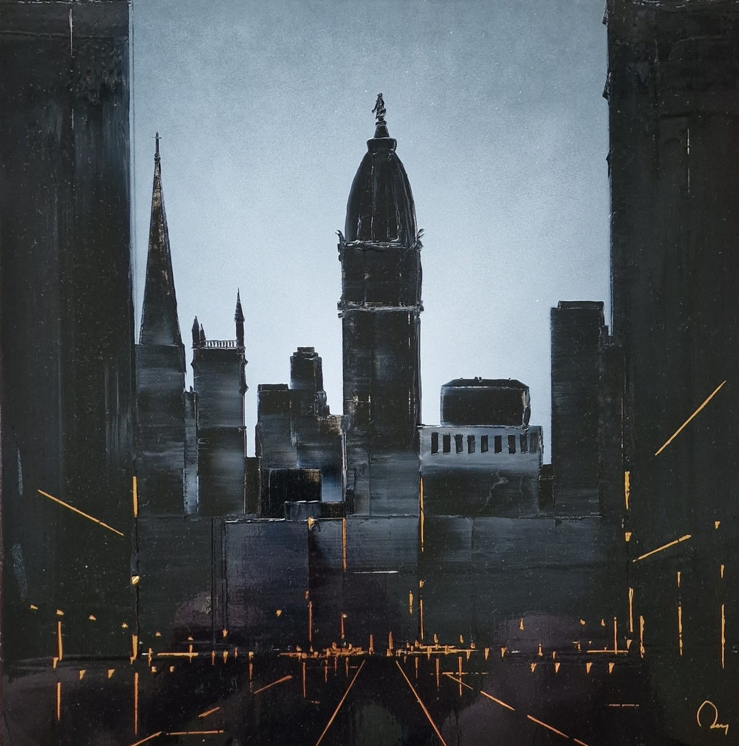 "City Hall" by French artist Julien Rey — a mixed-media painting on board of Philadelphia City Hall at dusk, crafted with Chinese lacquer and gold leaf. The iconic tower crowned by William Penn&