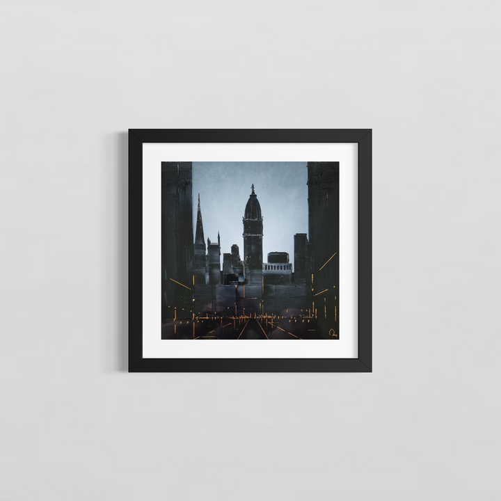 "City Hall" by French artist Julien Rey — a mixed-media painting on board of Philadelphia City Hall at dusk, crafted with Chinese lacquer and gold leaf. The iconic tower crowned by William Penn&
