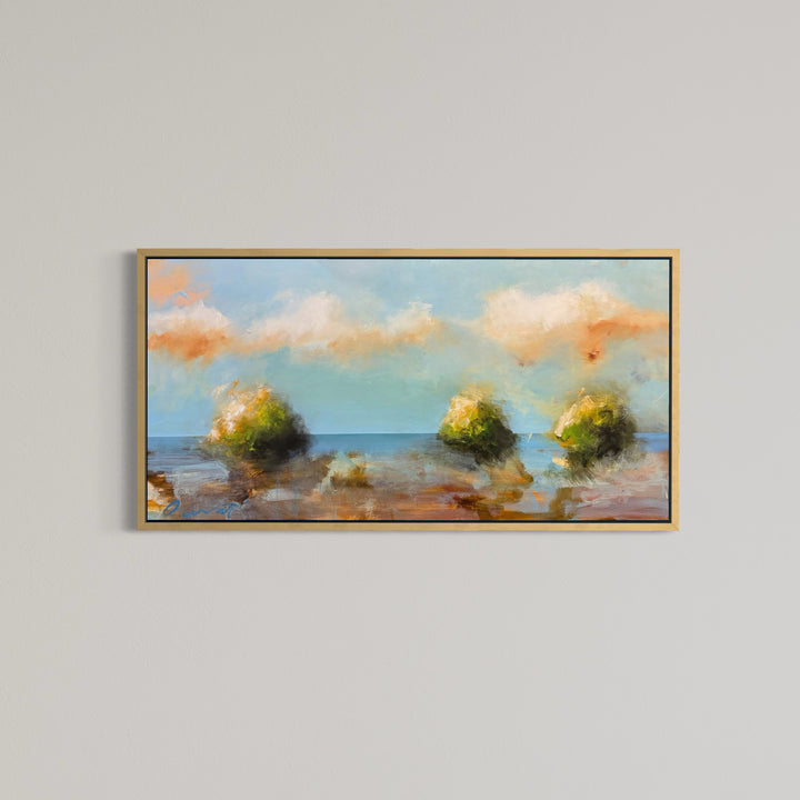abstract expressionist impressionist landscape trees in blue and green pink clouds soft pastel oil paint