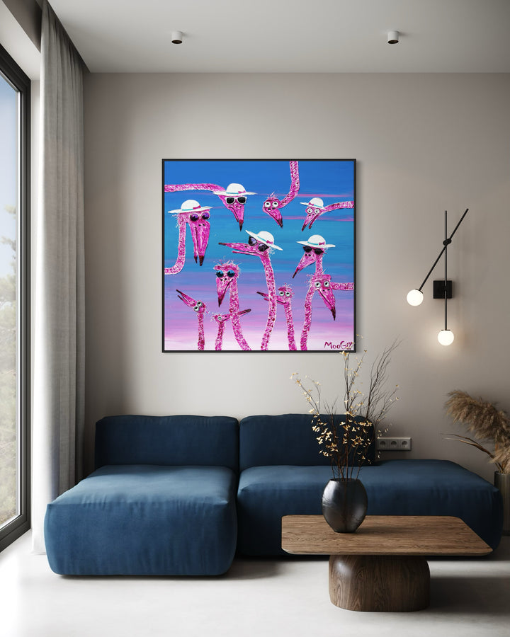 48" x 48" acrylic on canvas painting of pink flamingos in hats and sunglasses over a blue-pink gradient background. 
