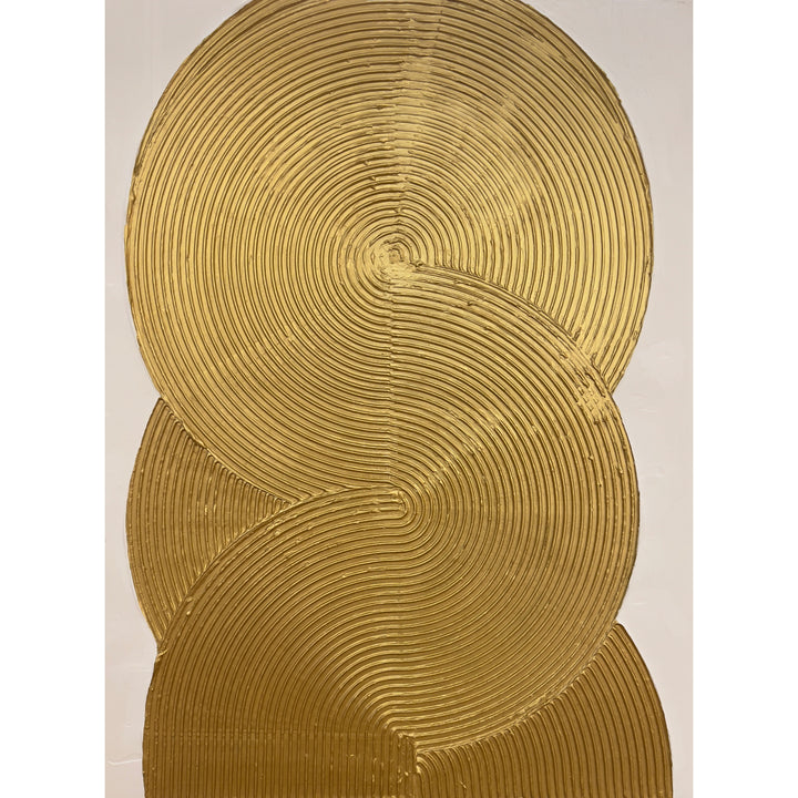 Continuity by Lee in Cerulean. Textured and geometric painting of overlapping gold circles on a white background.