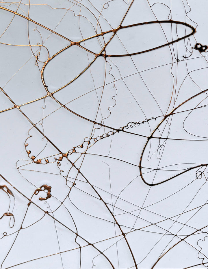 Copper Texture No. 92 by M. Clark, minimalist copper foil artwork on white background, textured and swirls