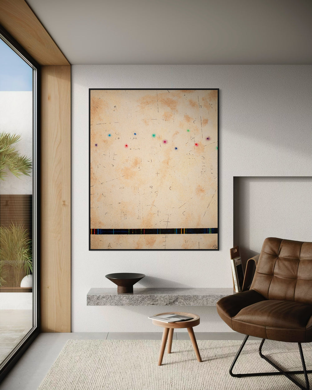 pigmented volcanic rock on canvas in beige tone with dots of color blue red purple green and static line across bottom abstract minimal textured painting