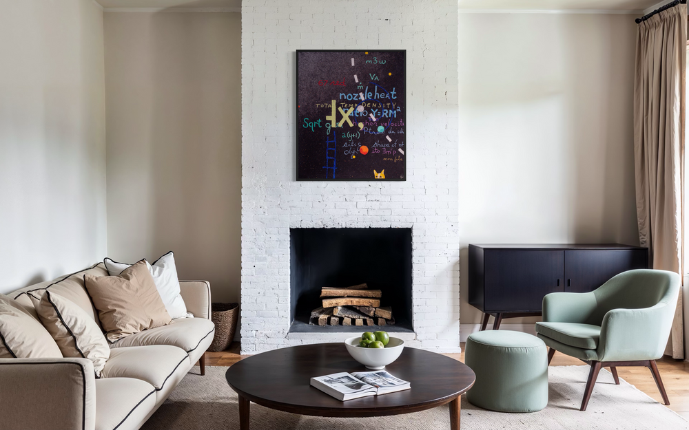 Bob Landstrom, Counter Gravitation, pigmented volcanic rock and acrylic on canvas, 72 x 60 inches. Black background covered with handwritten words and equations in blue, red, white, and yellow lettering, a large beige "IX" mark, a blue ladder, an orange dot, and a small yellow cat face, shown in a black frame above a white brick fireplace in a living room with a beige sofa, round coffee table, and sage armchair.