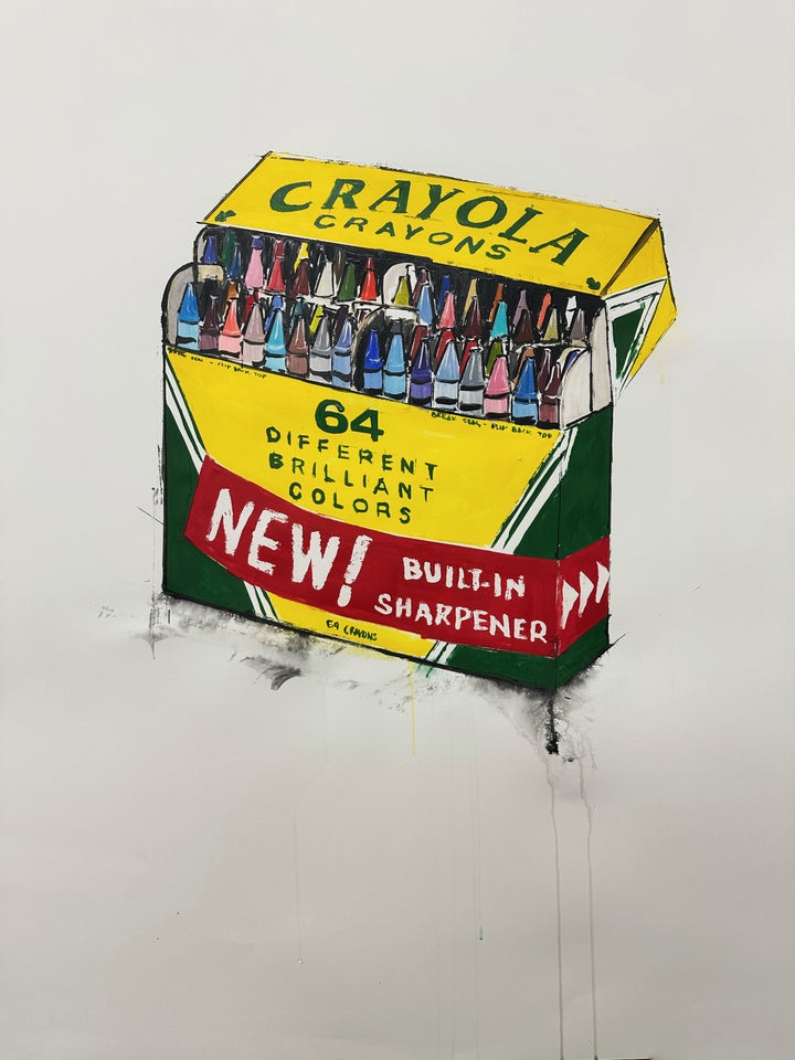 Crayola 64 retro crayon box drawing doodle illustration art on white background dripping black paint