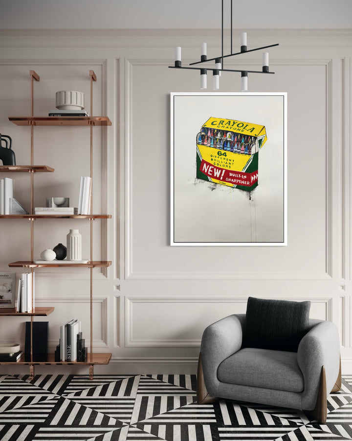 Crayola 64 retro crayon box drawing doodle illustration art on white background dripping black paint