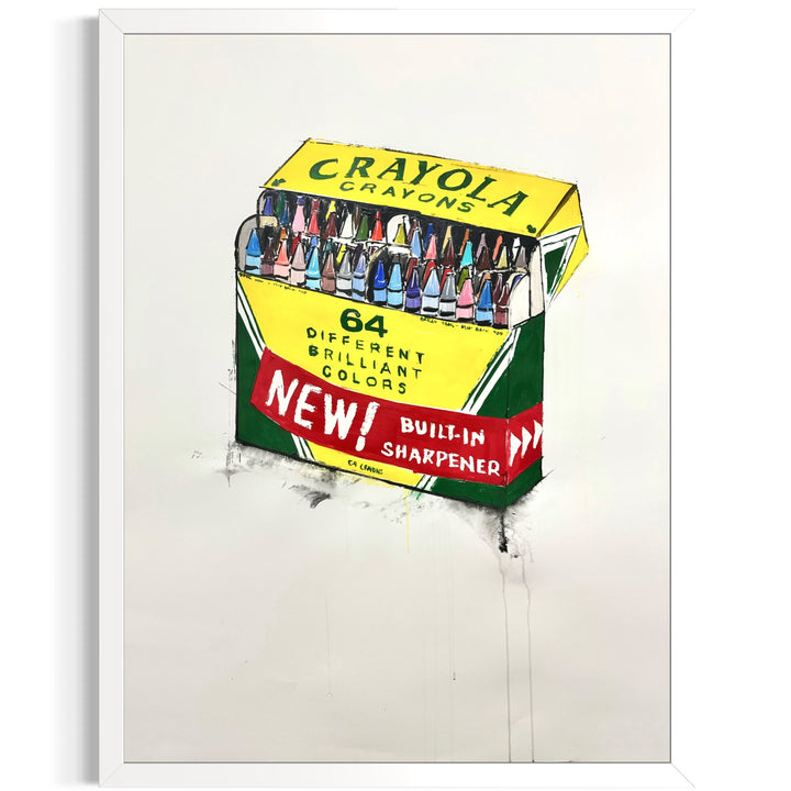 Crayola 64 retro crayon box drawing doodle illustration art on white background dripping black paint