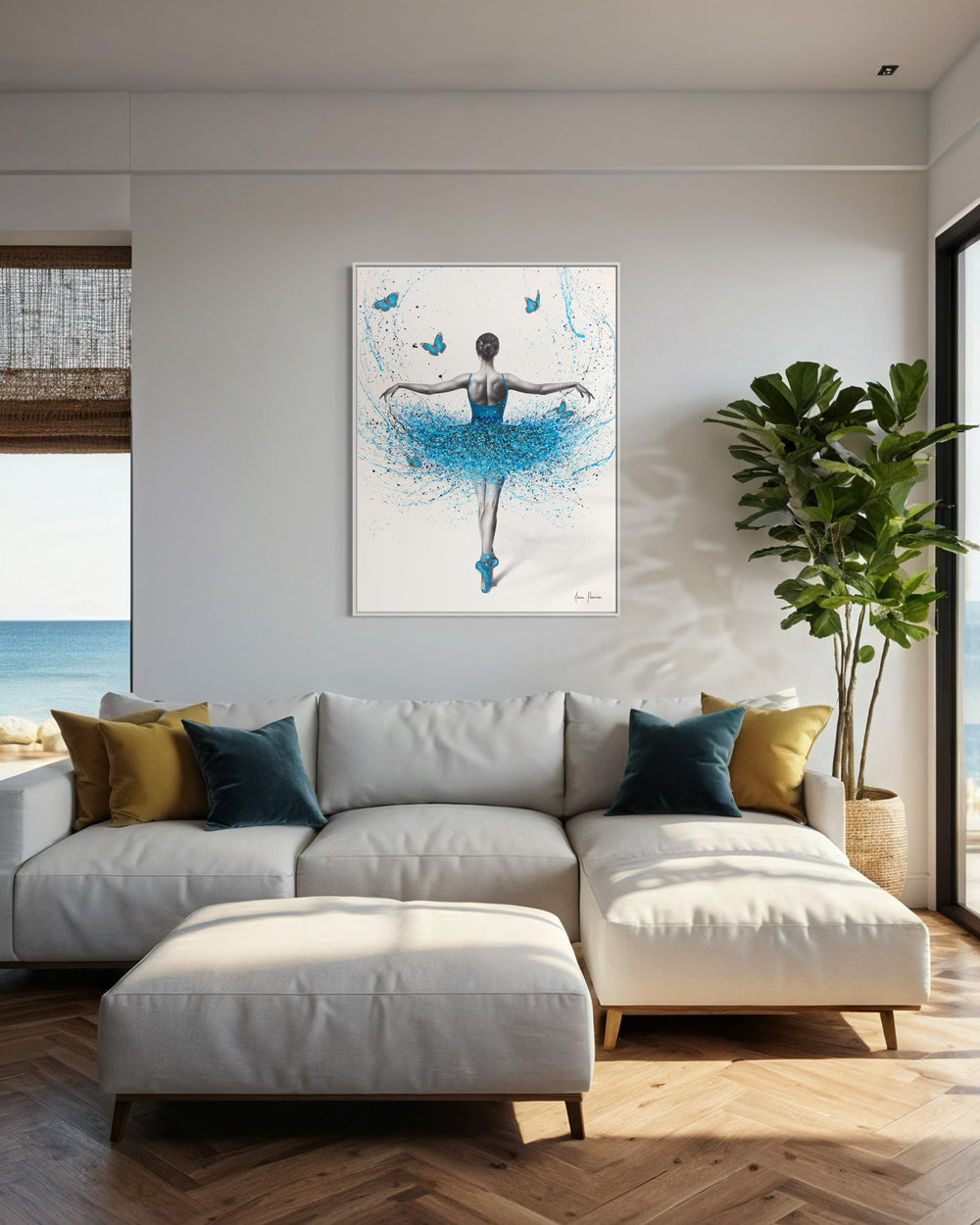 ballerina woman posing from back on tip toes and arms spread, black and white figure with blue splatter paint tutu dress and blue butterflies on white background