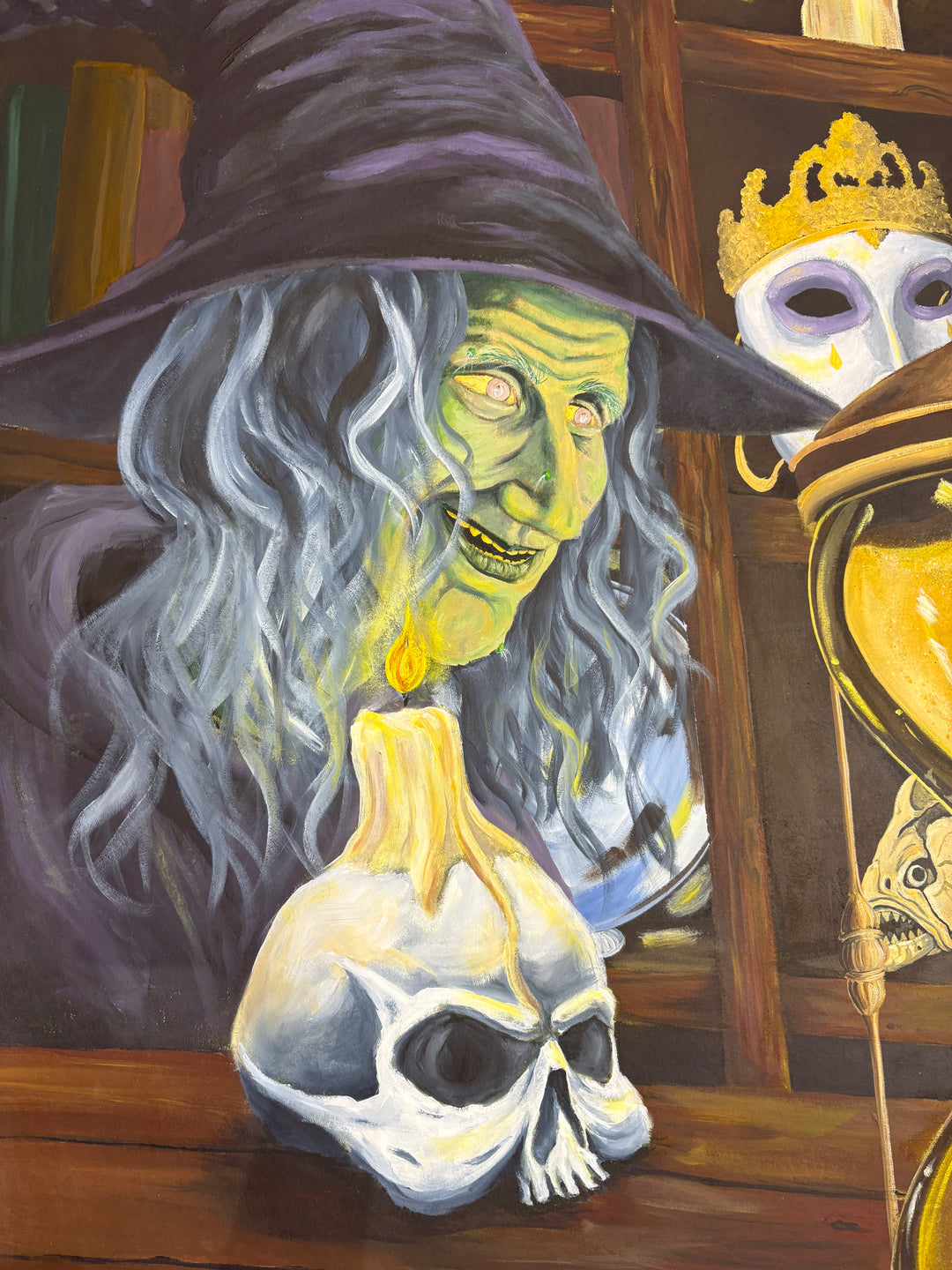 Surreal illustrative figures girl and witch with hourglass person inside wood bottles masks figures gems and crystals in acrylic