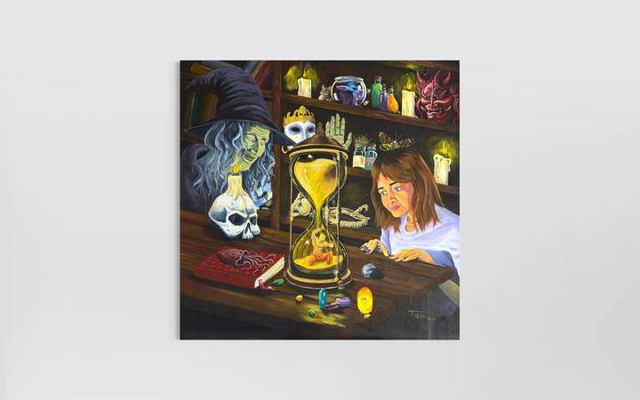 Surreal illustrative figures girl and witch with hourglass person inside wood bottles masks figures gems and crystals in acrylic