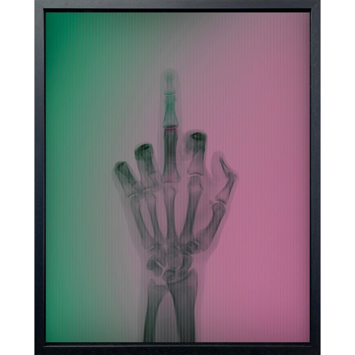 x ray photograph middle finger going up and down as background gradients transitioned from green to hot pink