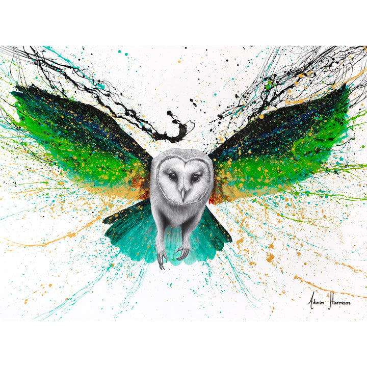 large owl flying wings spread across composition green teal blue feathers with paint splatter surrounding on white background