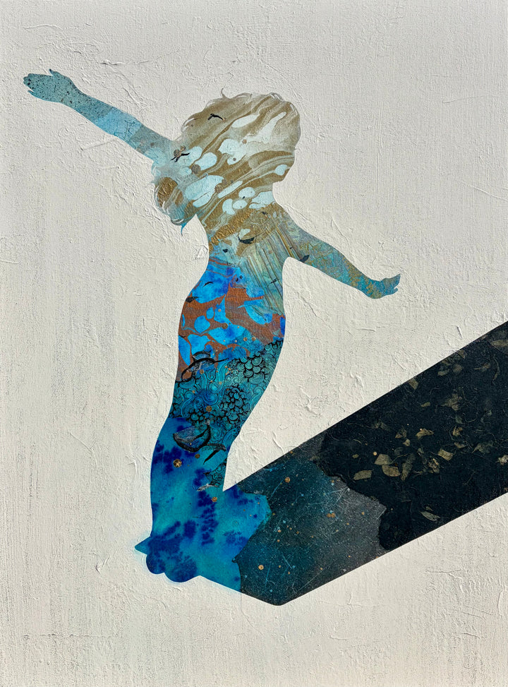 silhouette of girl on diving board arms up ready to jump in abstract expressionistic mixed media collage and painting on textured white background