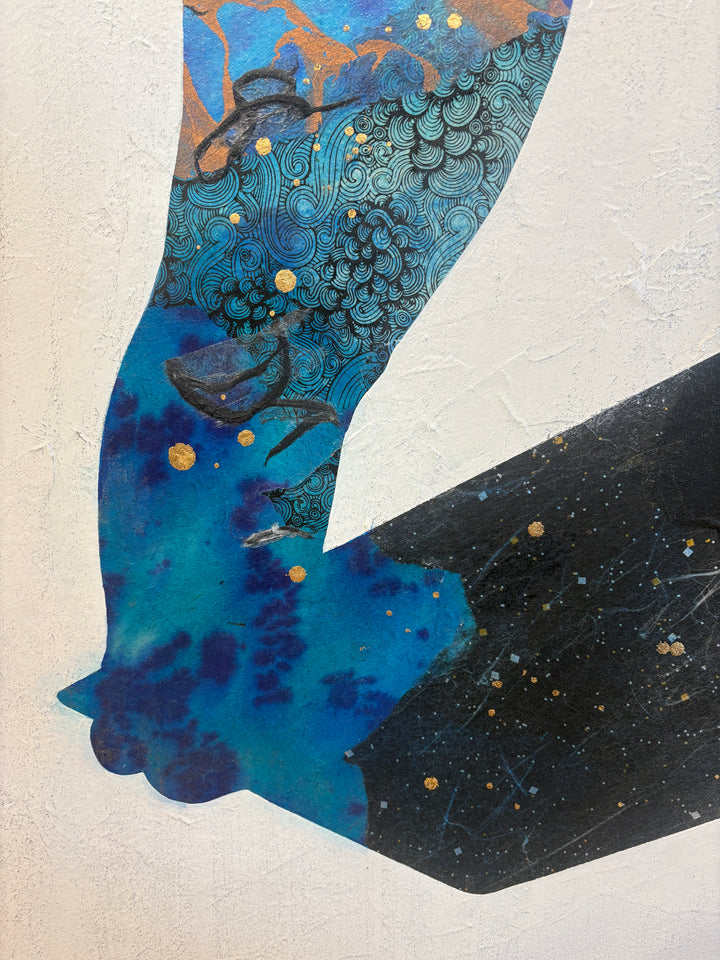 silhouette of girl on diving board arms up ready to jump in abstract expressionistic mixed media collage and painting on textured white background