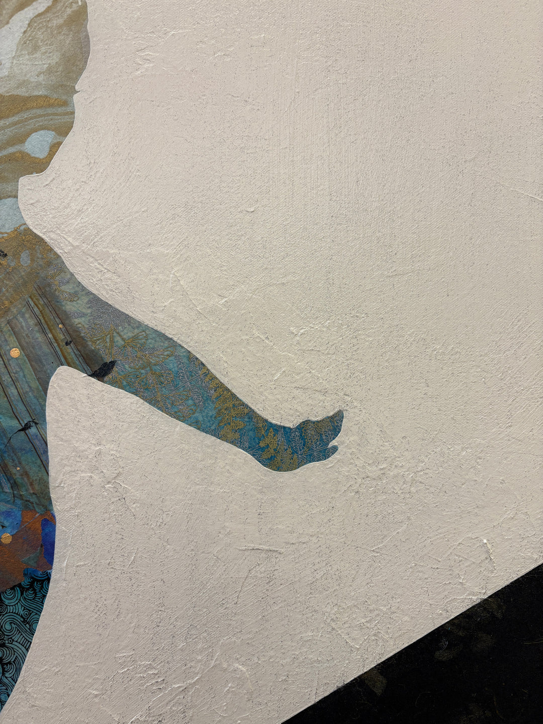 silhouette of girl on diving board arms up ready to jump in abstract expressionistic mixed media collage and painting on textured white background