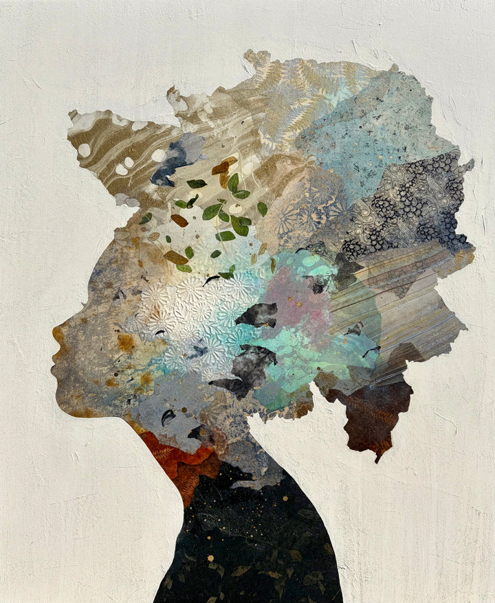 "Dream Pieces" by Christopher Peter — a mixed-media collage painting on canvas depicting a woman&