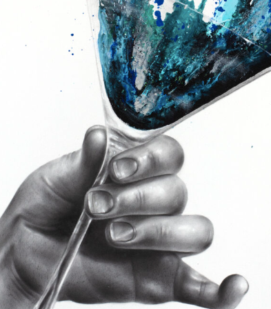 black and white grey hand in coconut charcoal realism with martini glass splatter blue and white paint expressionism ashvin harrison giclee