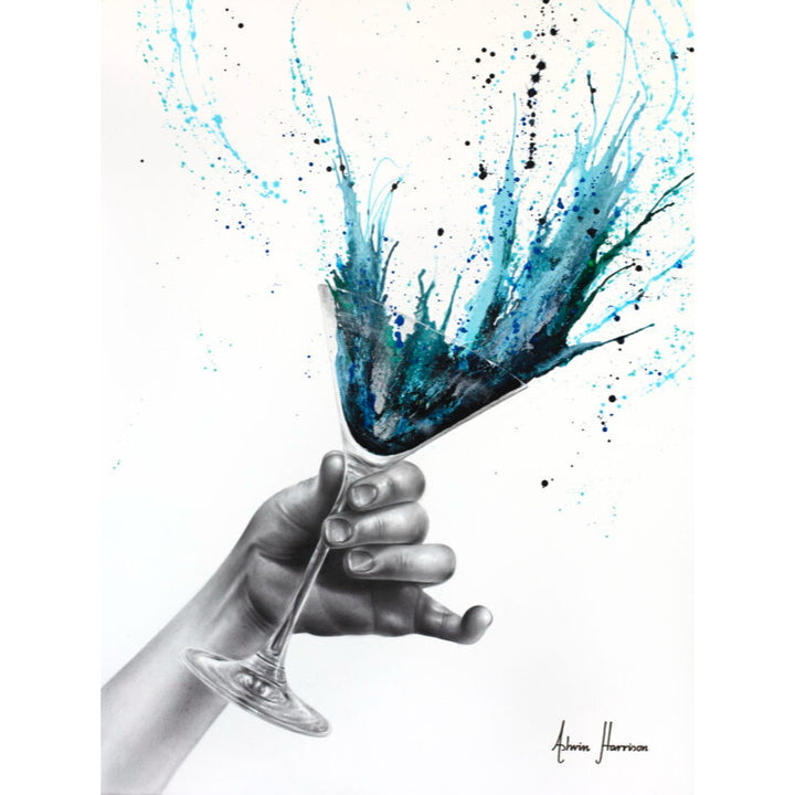 black and white grey hand in coconut charcoal realism with martini glass splatter blue and white paint expressionism ashvin harrison giclee