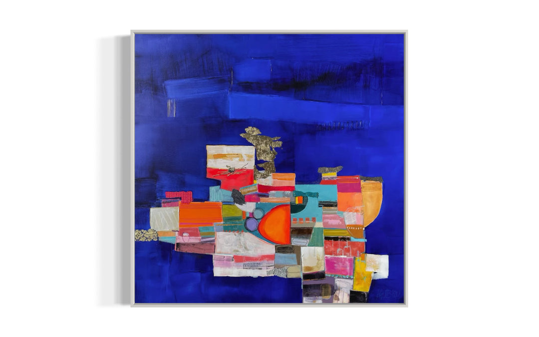 31" x 31" acrylic painting by Lau Blou. Cloudy dark blue background with abstract collage of cut fabric and gold leaf over paint, in primary colors.