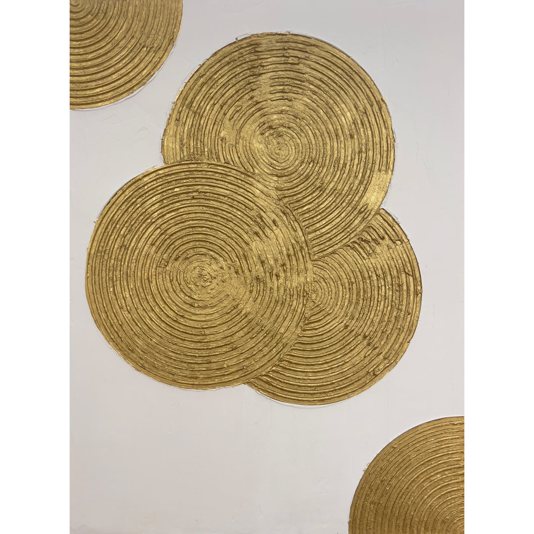 Dilation by Lee in Cerulean. Textured grouping of three spiraled circles overlapping with each other in gold on white background, with two more quarter spiral shapes in top left and bottom right corner