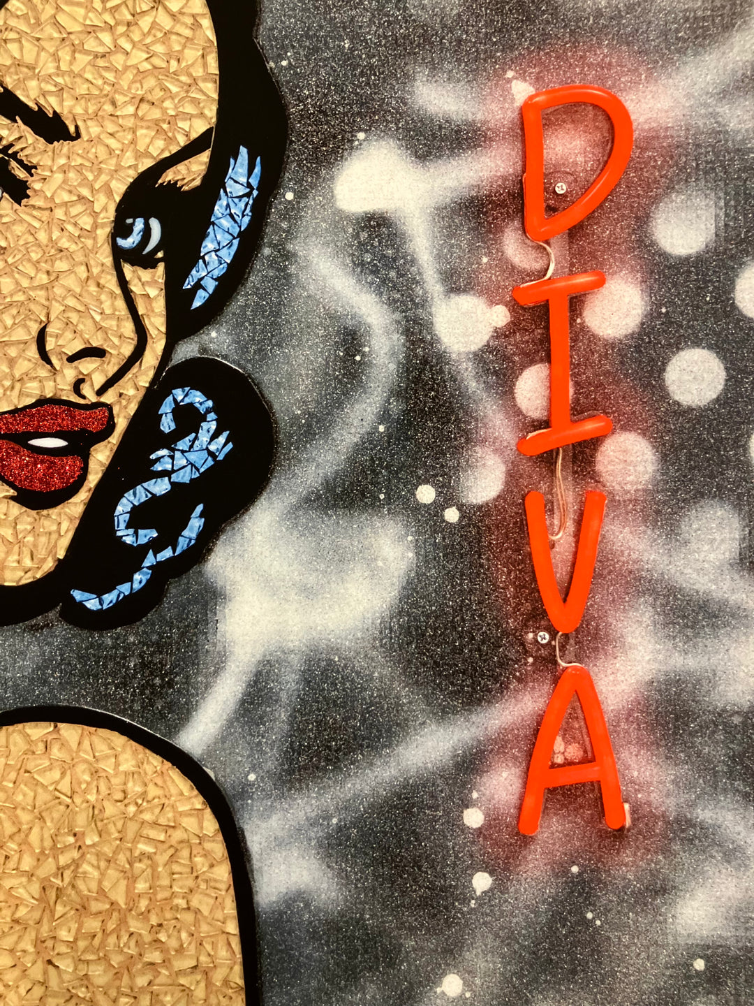 Female portrait comic style stained glass collage elegant pearls and black dress on spray painted background with neon red diva sign hand embellished with glitter