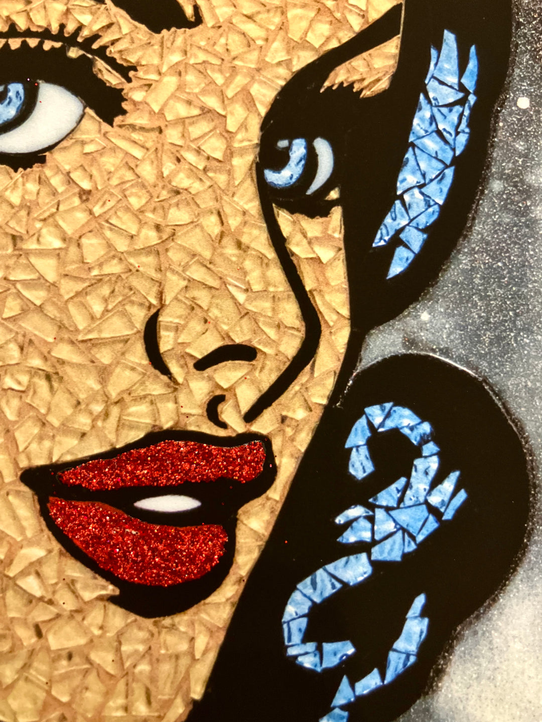 Female portrait comic style stained glass collage elegant pearls and black dress on spray painted background with neon red diva sign hand embellished with glitter