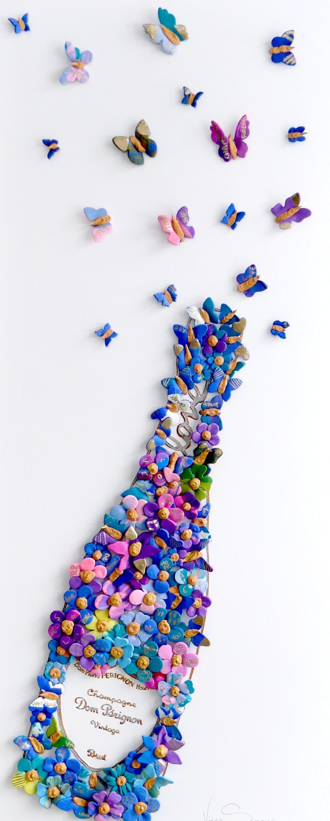 3 dimensional painting mixed media artwork modeling clay champagne alcohol bottle textured with butterflies coming out of bottle on canvas white background floral botanical