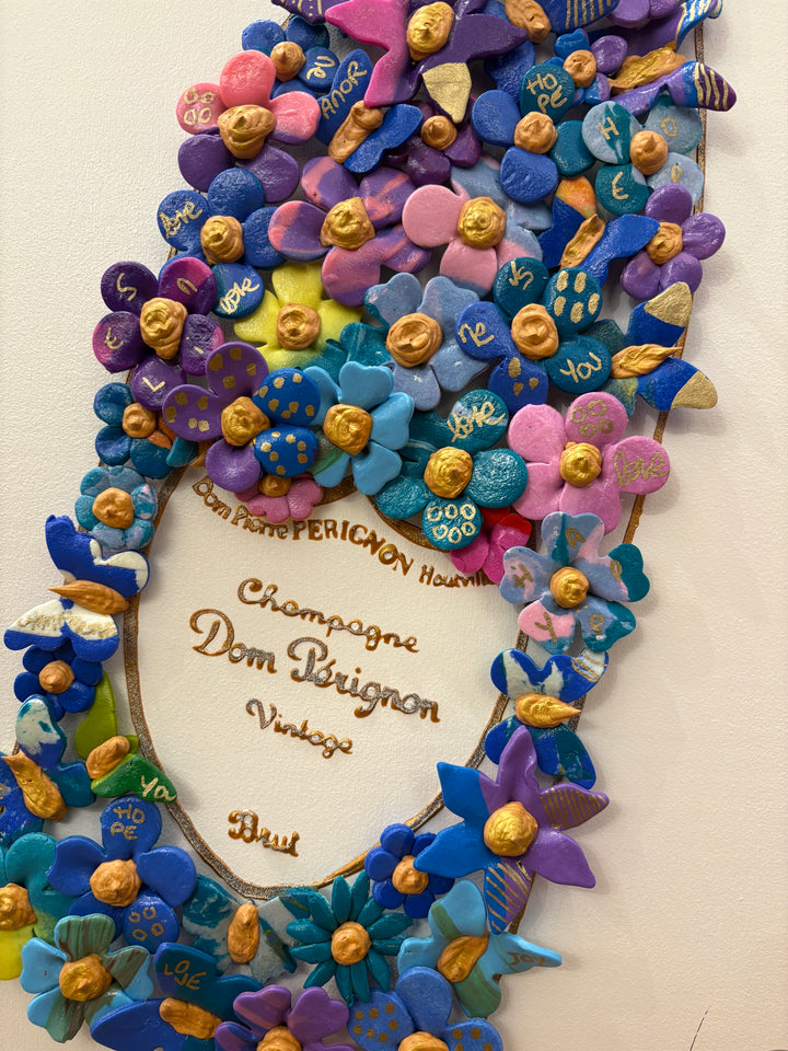 3 dimensional painting mixed media artwork modeling clay champagne alcohol bottle textured with butterflies coming out of bottle on canvas white background floral botanical