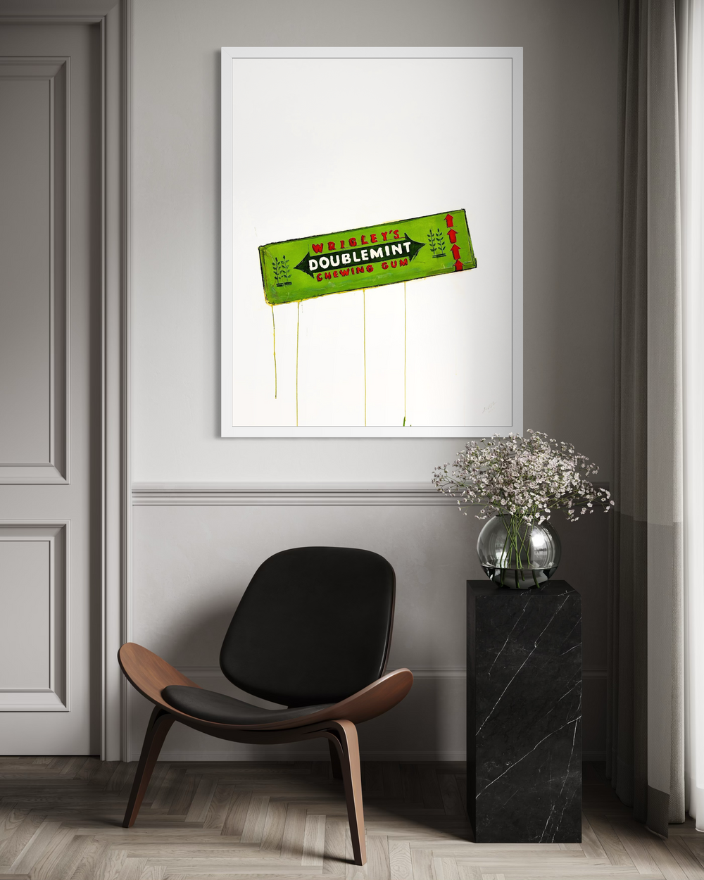 Nostalgic Wrigley's Doublemint Chewing Gum by Eduardo Cabrer is simply painted on a plain white background. It is painted with green and red acrylic with drips of the paint going down the background. 