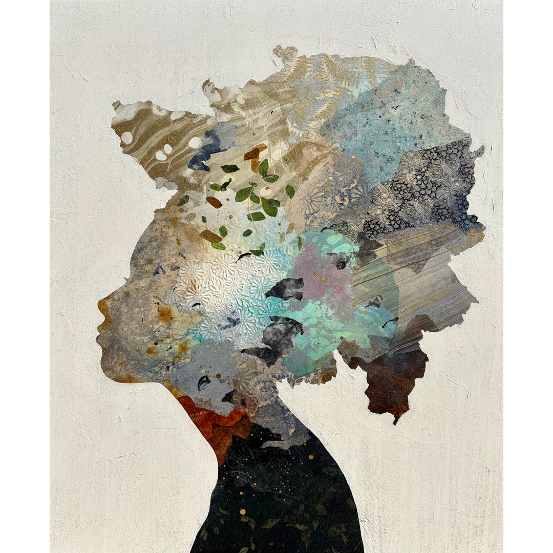 "Dream Pieces" by Christopher Peter — a mixed-media collage painting on canvas depicting a woman&