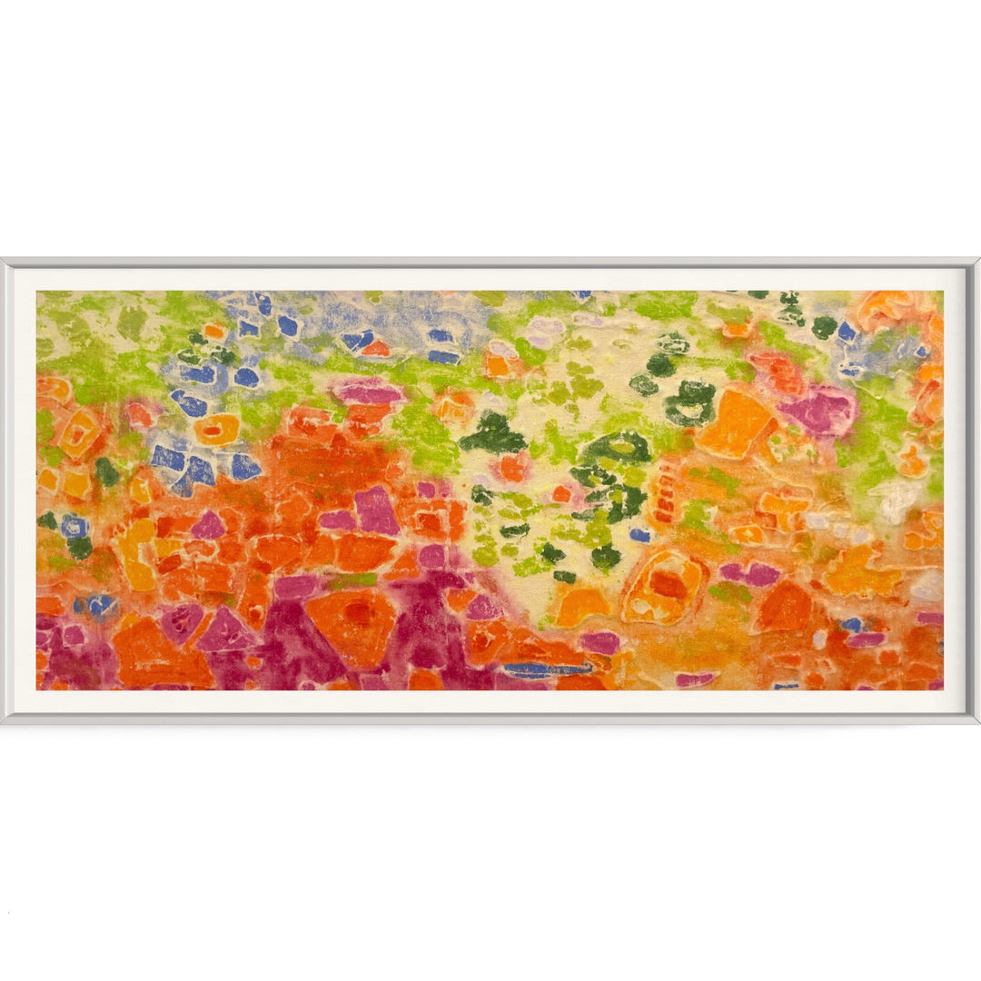 abstract floral shapes organic raw fabric orange pink and green shapes