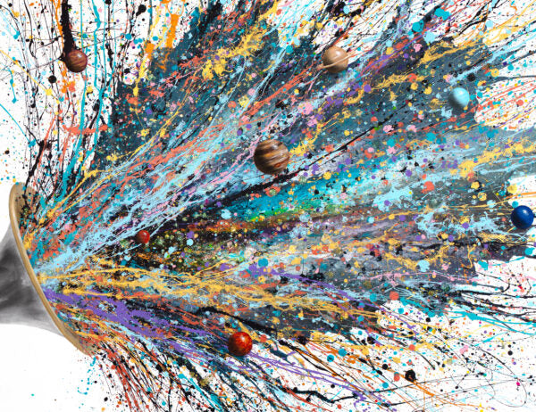 monkey in black and white playing trumpet abstract expression splatter paint on white canvas and planets 