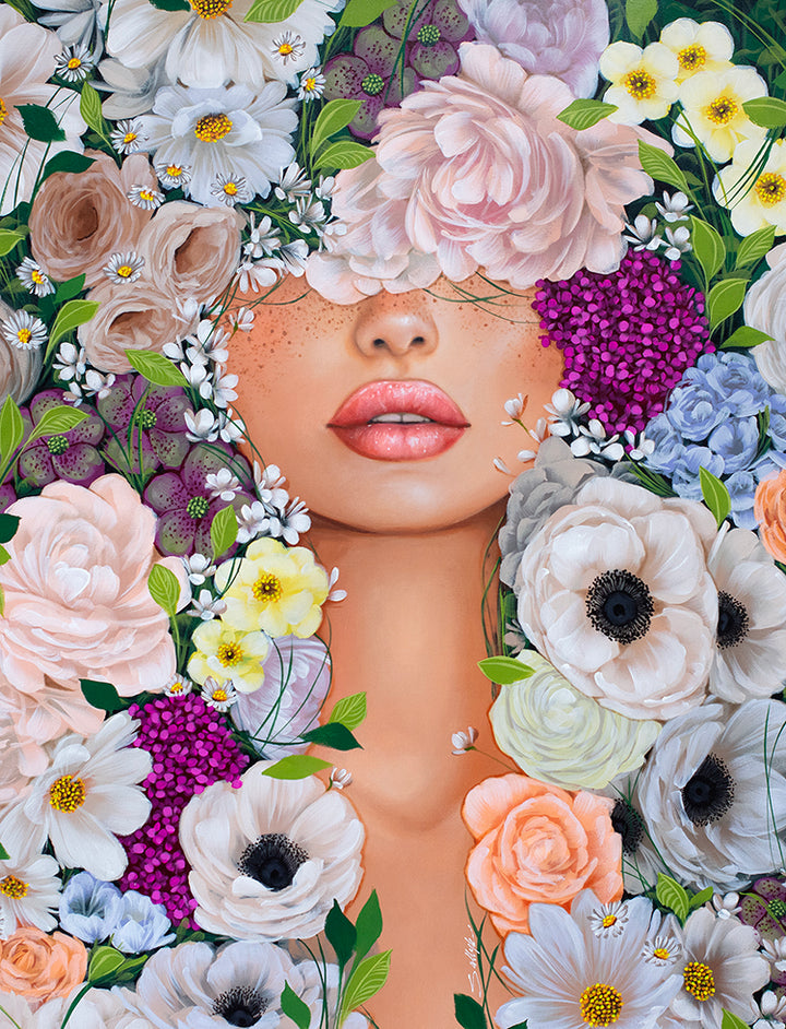realism female portrait floral flowers leaves surrounding composition in acrylic on canvas