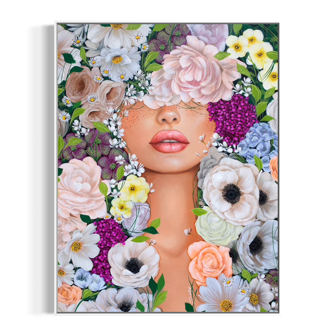 realism female portrait floral flowers leaves surrounding composition in acrylic on canvas