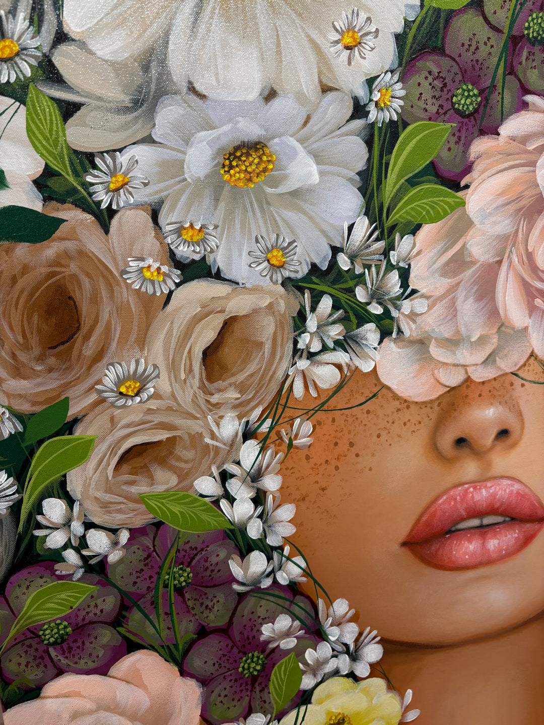 realism female portrait floral flowers leaves surrounding composition in acrylic on canvas