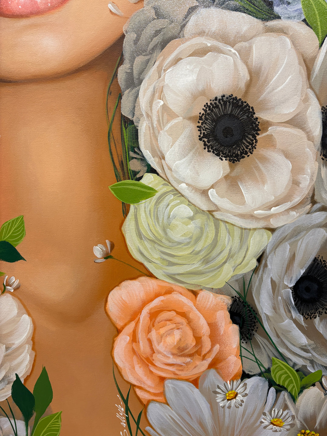 realism female portrait floral flowers leaves surrounding composition in acrylic on canvas
