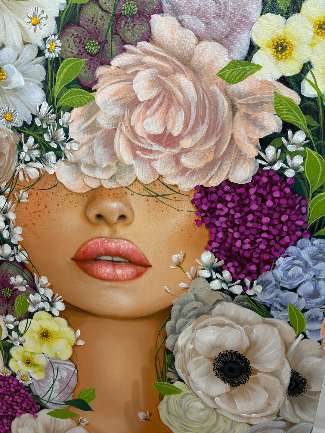 realism female portrait floral flowers leaves surrounding composition in acrylic on canvas